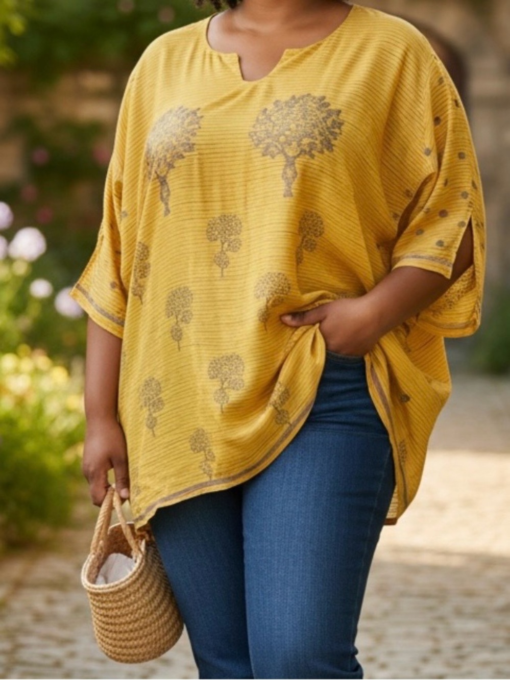 Mustard Yellow Printed Plus-Size Tunic Top Beach Coverup 2X
